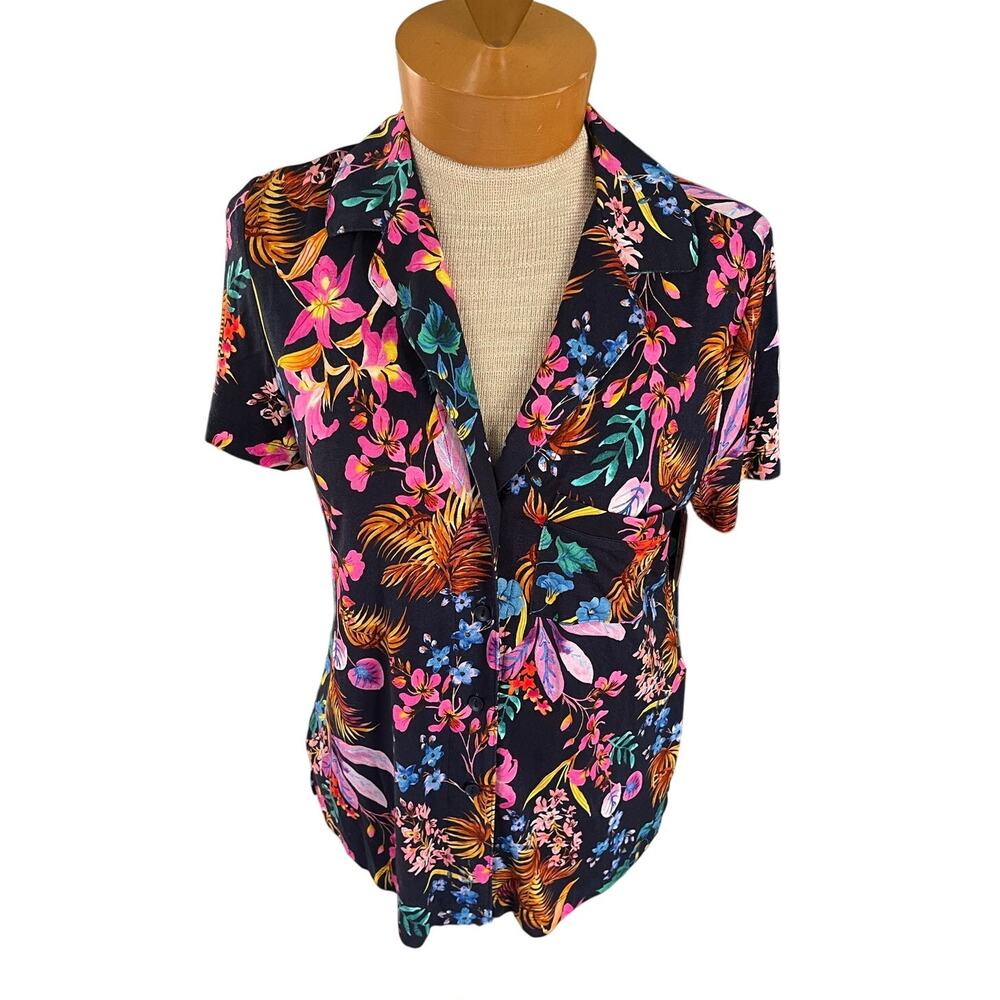 Size Small Soma Intimates Womens Pajama Top Button Up Tropical Nights Navy